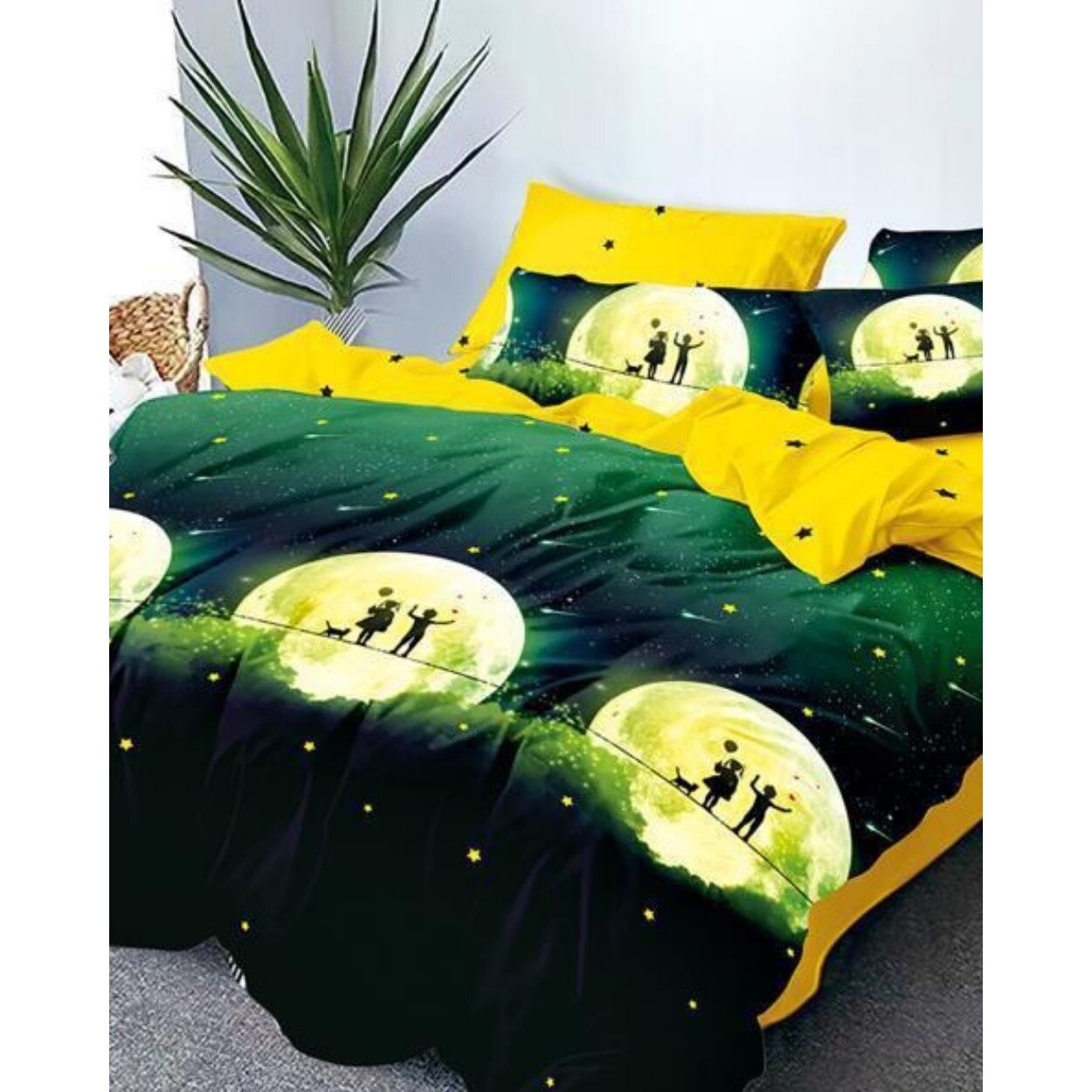 Set Lenjerie Finet Satinat Gros cu 2 Fete, 6 Piese, Pat 2 Persoane, Moon Lovers
