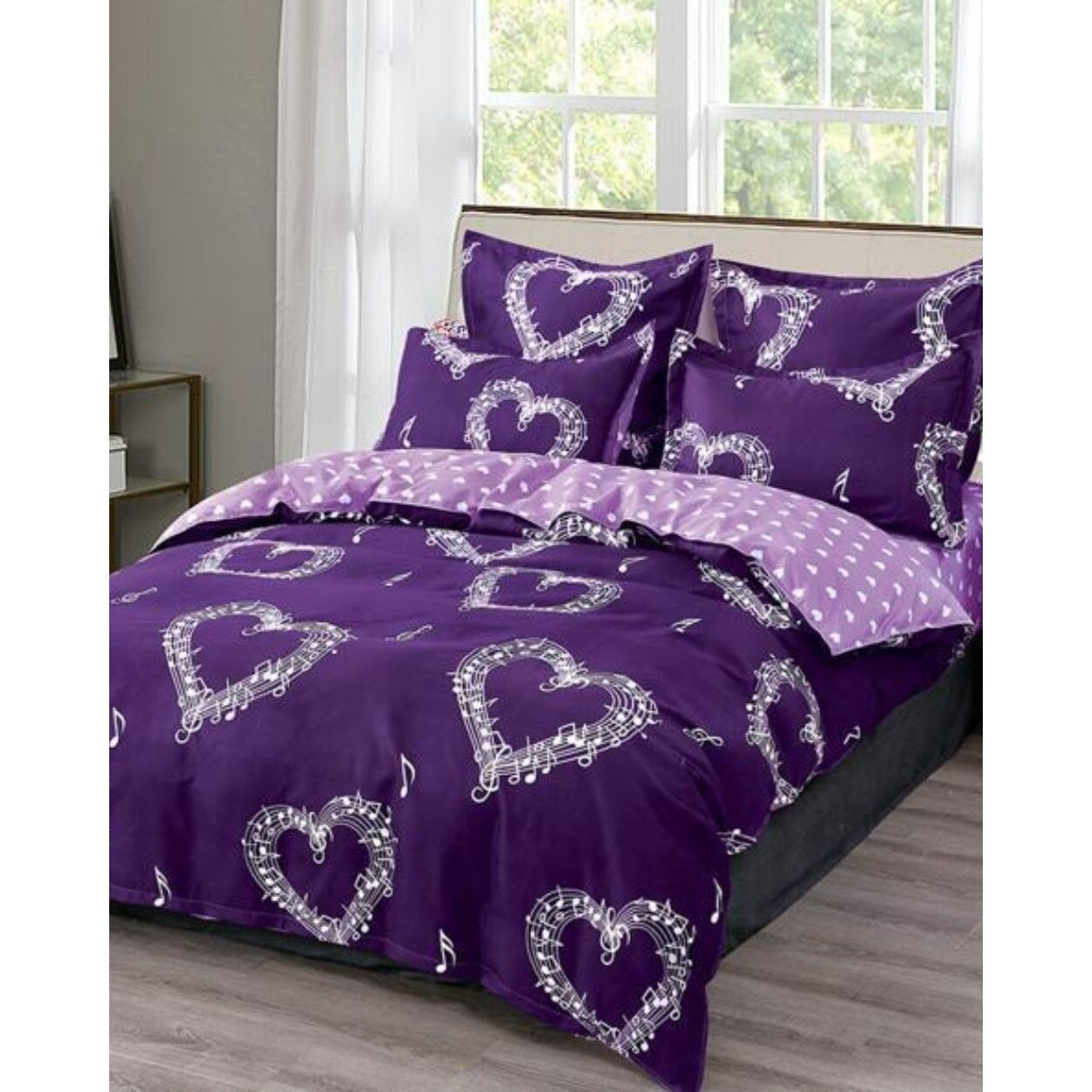 Set Lenjerie Finet Satinat Gros cu 2 Fete, 6 Piese, Pat 2 Persoane, Music Love