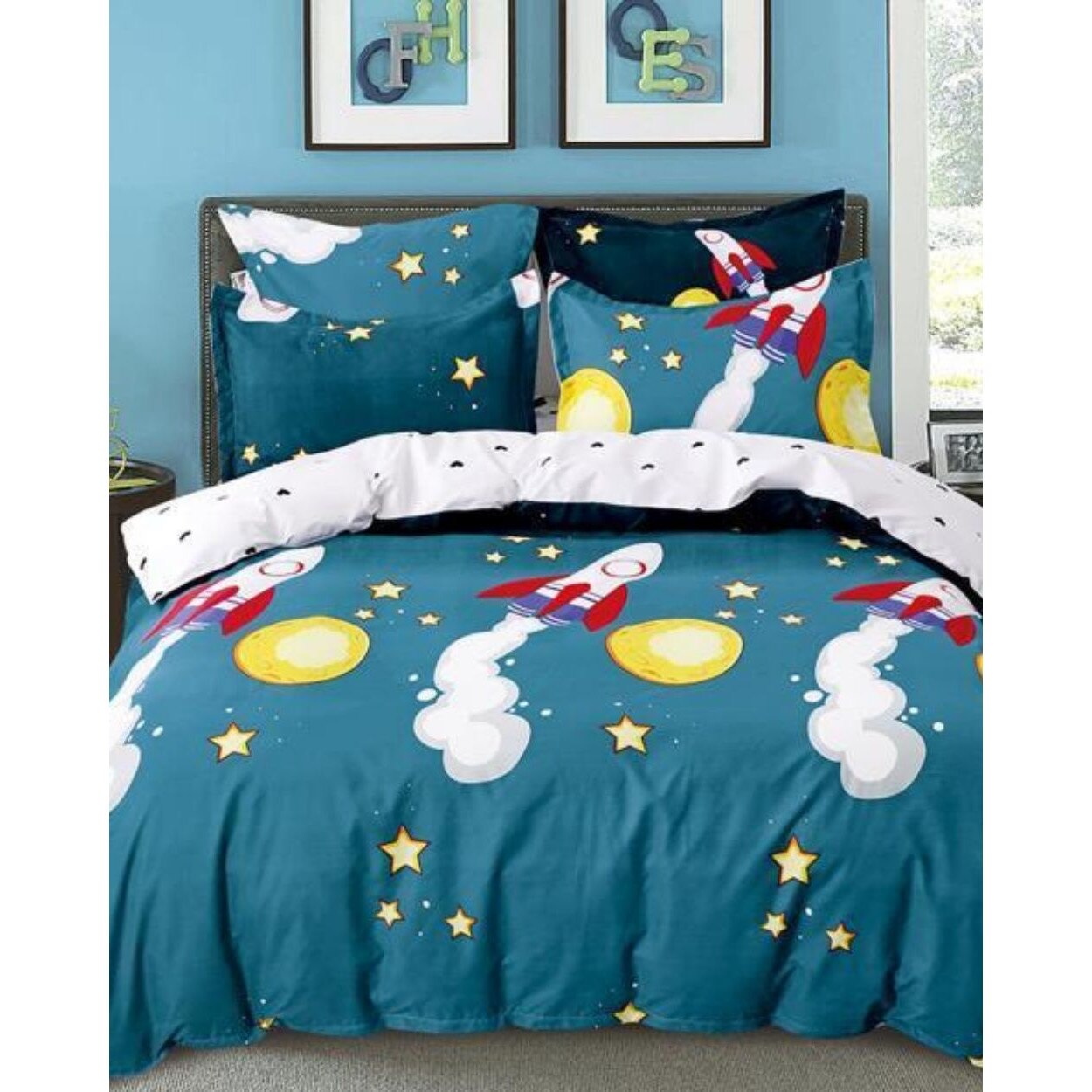 Set Lenjerie Finet Satinat Gros cu 2 Fete, 6 Piese, Pat 2 Persoane, Rocketship