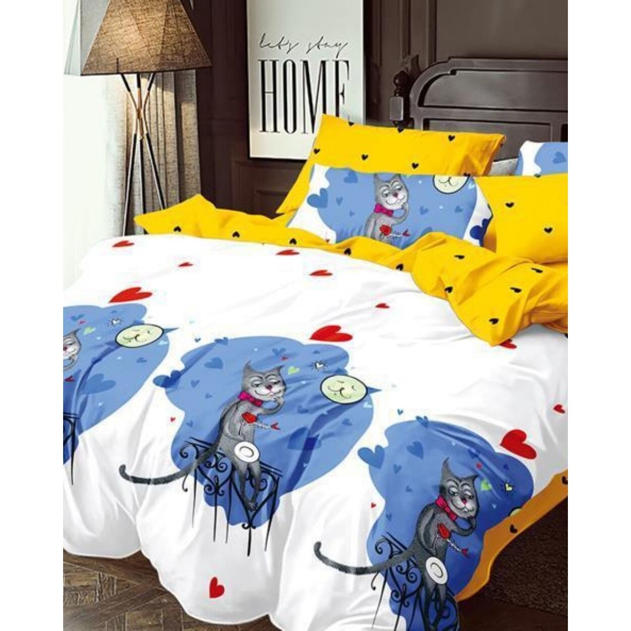 Set Lenjerie Finet Satinat Gros cu 2 Fete, 6 Piese, Pat 2 Persoane, Flirty Cat