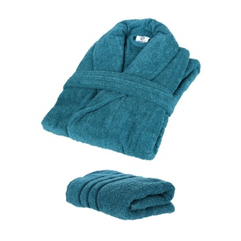 Set Halat de baie si prosop, Quasar & Co., 100% bumbac, halat baie gros, 1.1 kg, prosop de fata, 50 x 90 cm, turcoaz, L/XL Set Halat de baie si prosop, Quasar & Co., 100% bumbac, halat baie gros, 1.1 kg, prosop de fata, 50 x 90 cm, turcoaz, L/XL