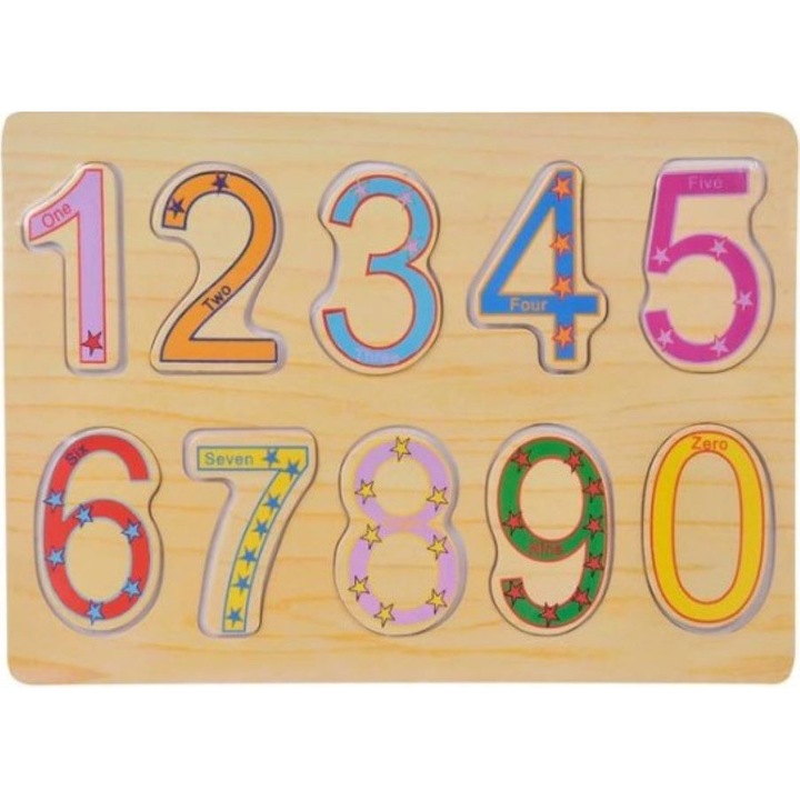 Puzzle Educational din lemn, cu numere colorate si denumire in engleza, BBL1650