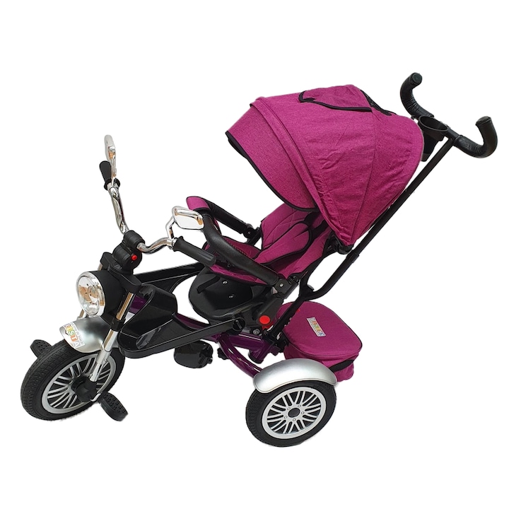 Tricicleta cu far luminos si sunete, Maner reversibil cu piele, 4499, Visiniu - Krista®