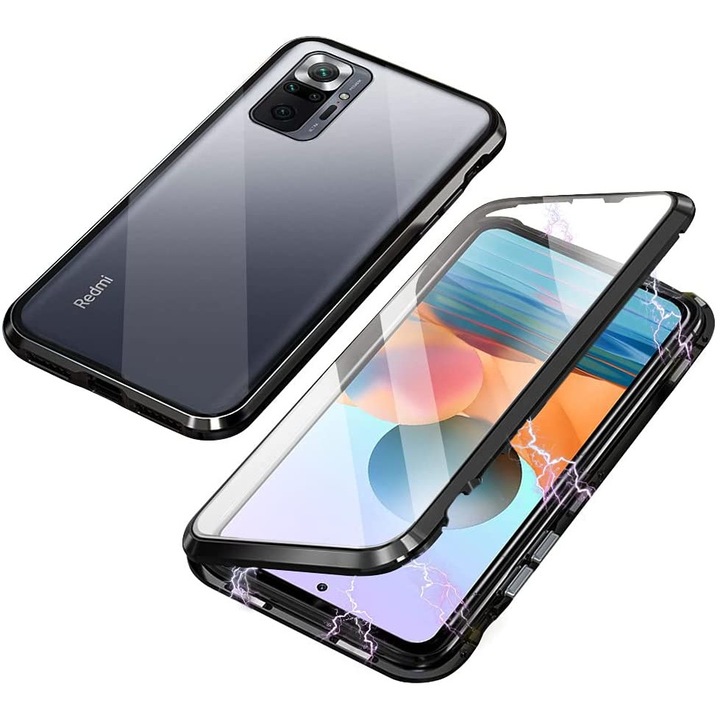 Mágneses 360°-os tok Xiaomi Redmi Note 10/10S telefonhoz, két alumínium részből, üveg elől és hátul, fekete