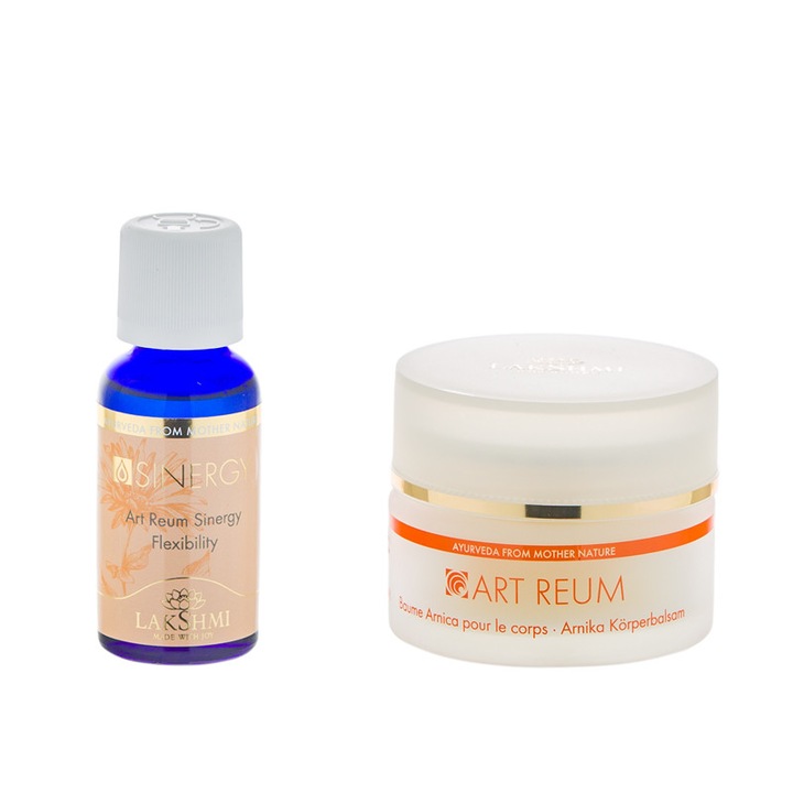 Set 2 produse art reum pentru problemele spatelui, a articulatiilor si a durerilor musculare 80ml, Lakshmi, balsam cu arnica 50ml si sinergie uleiuri esentiale 30ml