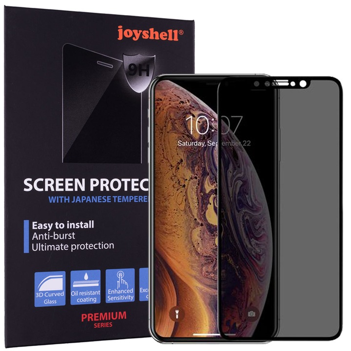 Протектор за екран Joyshell©, За iPhone X / Xs / 11 Pro, Функция за поверителност, Full Cover 3D защита на екрана, Full Glue, Стъкло, Черен