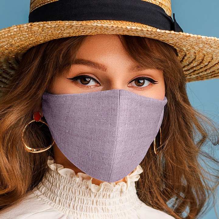 Be Happy Prémium Designer Szájmaszk, Ezüst szálas pamut belsővel, 2 Rétegű, Mosható, Fertőtleníthető, Állítható Pánttal, Babarózsaszín lenvászon minta