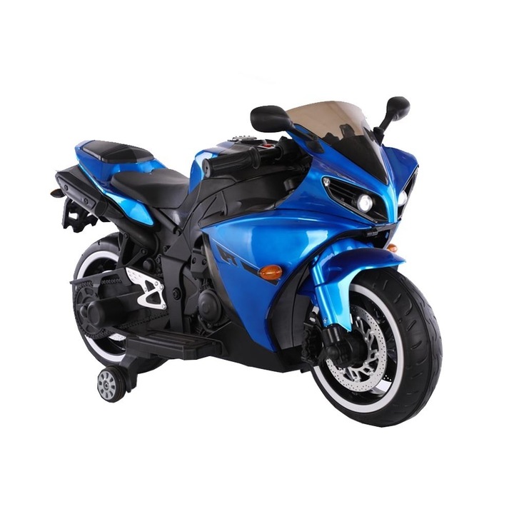Електрически мотоциклет с батерия за деца NOVOKIDS™ Aspen Premium Motor, 3-6 години, макс. 30 кг, С музика и предни светлини, MP3, Помощни колела, Син