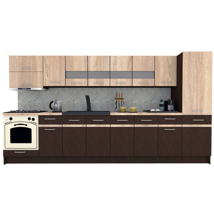 Set Bucatarie Marina New 350 A, Wenge / Stejar Sonoma, 350 x 195,5 x 60 cm