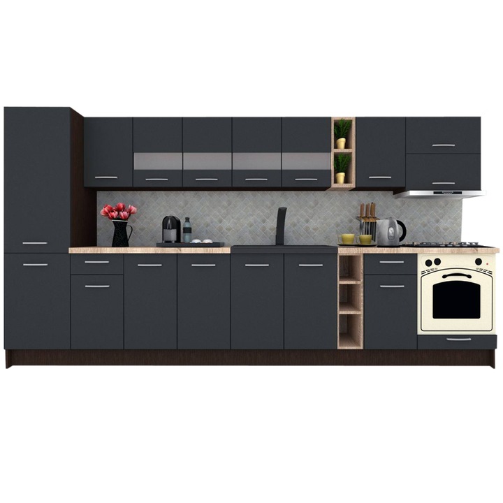 Set Bucatarie Marina New 370 B, Wenge / Decor 0164, 370 x 195,5 x 60 cm
