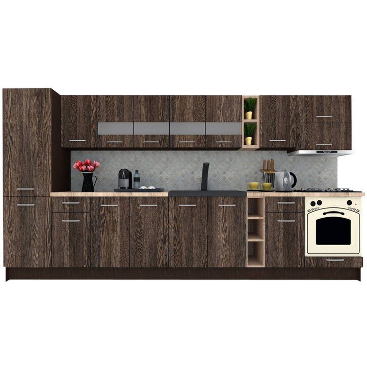 Set Bucatarie Marina New 370 B, Wenge / Decor 7648, 370 x 195,5 x 60 cm