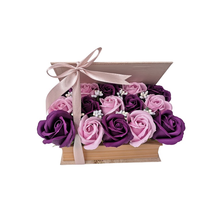 Aranjament floral cu 15 trandafiri din sapun, DADY, in cutie carte, cu flori indigo si roz