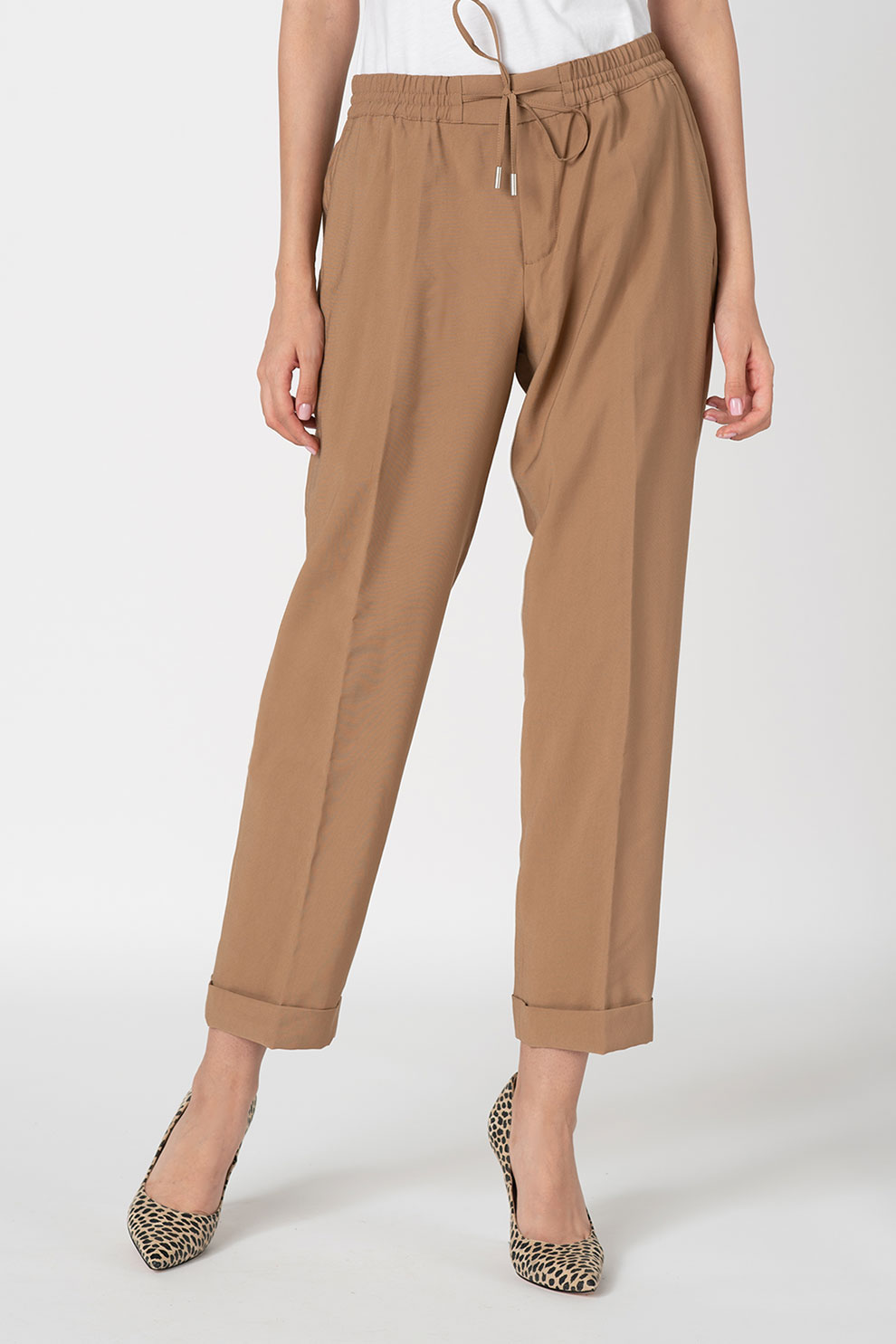Marc O'Polo, Pantaloni crop cu snur in talie, Maro camel