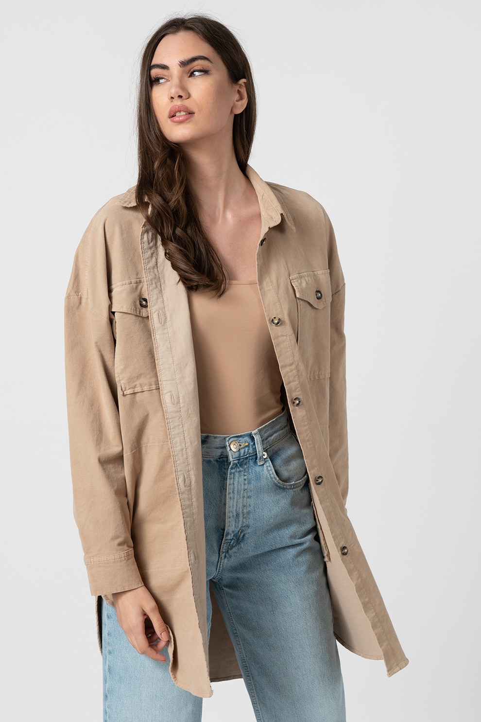 Marc O'Polo, Camasa supradimensionata cu buzunare pe piept, Maro nisip