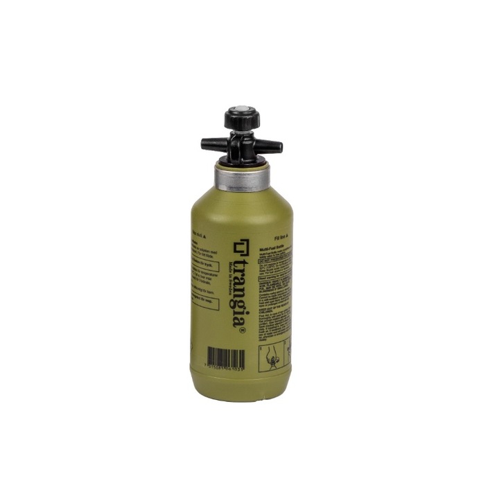 Sticla Recipient Combustibil Lichid Trangia Olive cu Valva Siguranta, 0.3 Litri, Plastic Durabil pentru Camping si Drumetii, Spirt, Alcool, Benzina