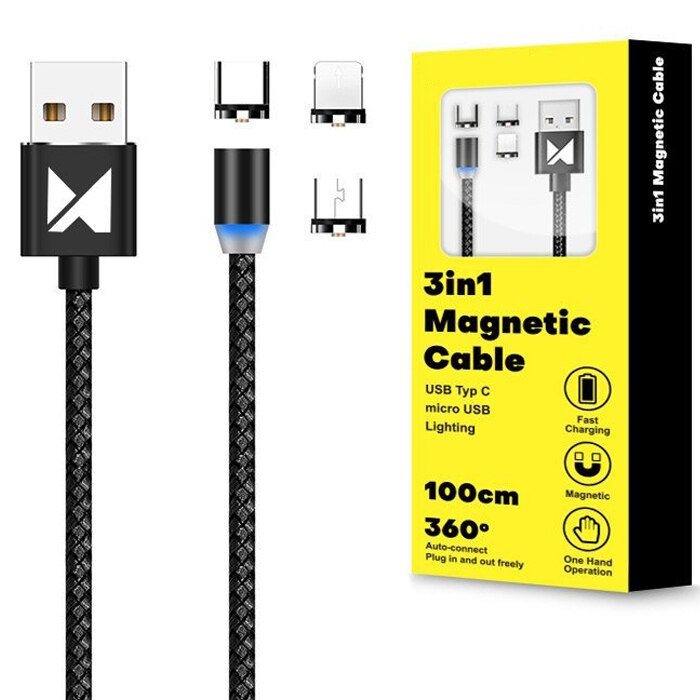 Cablu magnetic NytroUSB 3in1 (microUSB, USB-C, Lightning), 2.4A, 100cm, Led incarcare, Negru