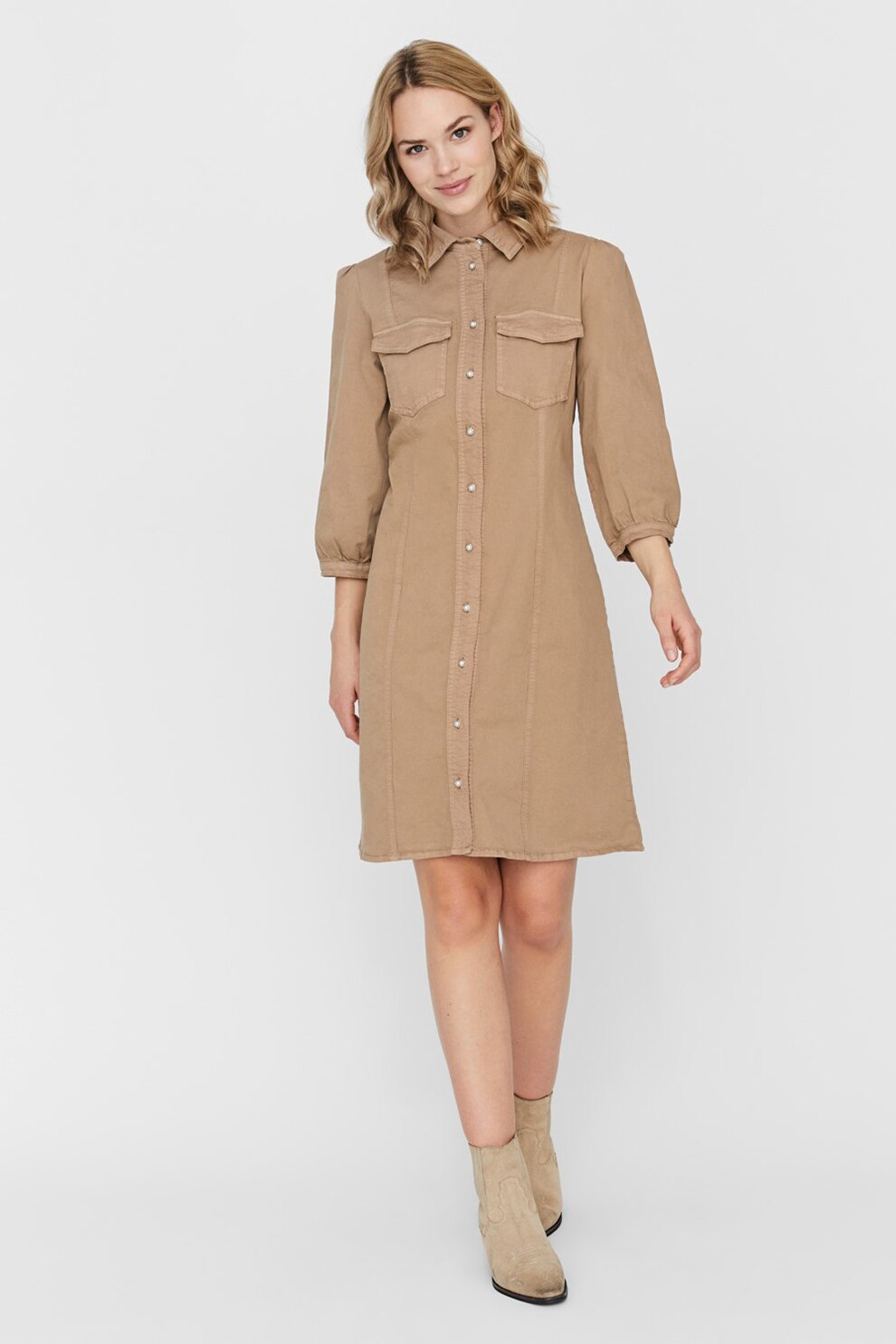 Vero Moda, Rochie tip camasa cu buzunare pe piept, Maro camel, XS