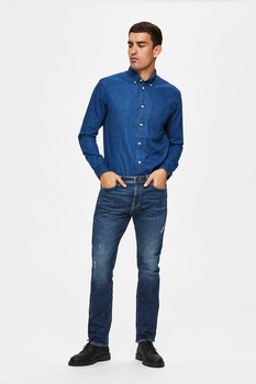 Selected Homme, Blugi cu talie medie si aspect deteriorat, Albastru inchis Selected Homme, Blugi cu talie medie si aspect deteriorat, Albastru inchis