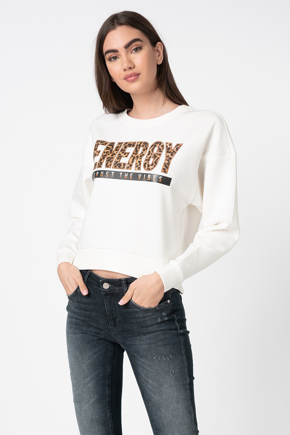 Only, Bluza sport cu imprimeu Frica, Alb, L