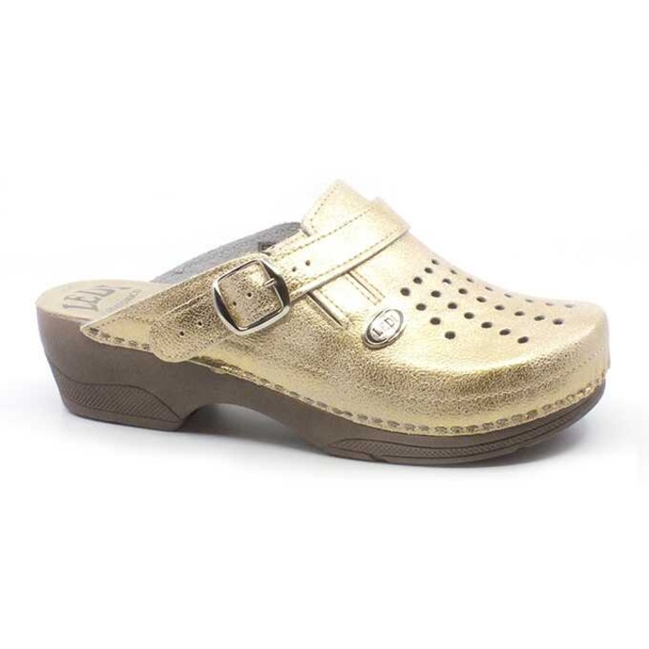 Saboti medicali din piele naturala dama Ledi decorati cu perforatii inchidere cu bareta T4