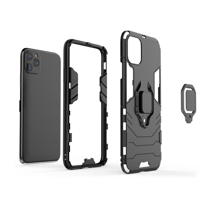 Калъф G-Ring Defender, съвместим с Apple iPhone 14 Pro Max, Antishock Armor, въртящ се на 360 градуса пръстен, вграден магнит за закрепване в кола, TPU и PC, черен