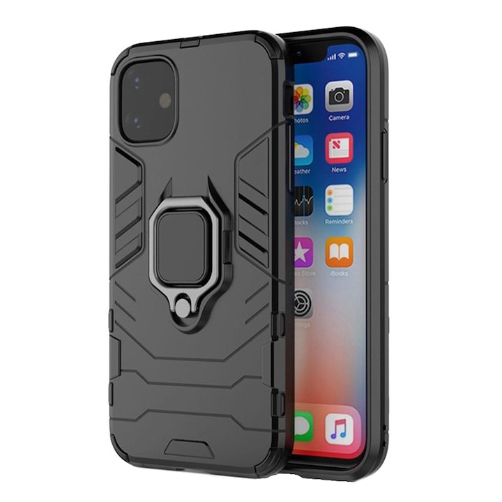 Калъф G-Ring Defender, съвместим с Apple iPhone 14 Pro Max, Antishock Armor, въртящ се на 360 градуса пръстен, вграден магнит за закрепване в кола, TPU и PC, черен
