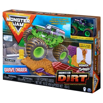 Set Monster Jam - Kinetic Sand, Grave Digger, masinuta cu nisip si accesorii Set Monster Jam - Kinetic Sand, Grave Digger, masinuta cu nisip si accesorii