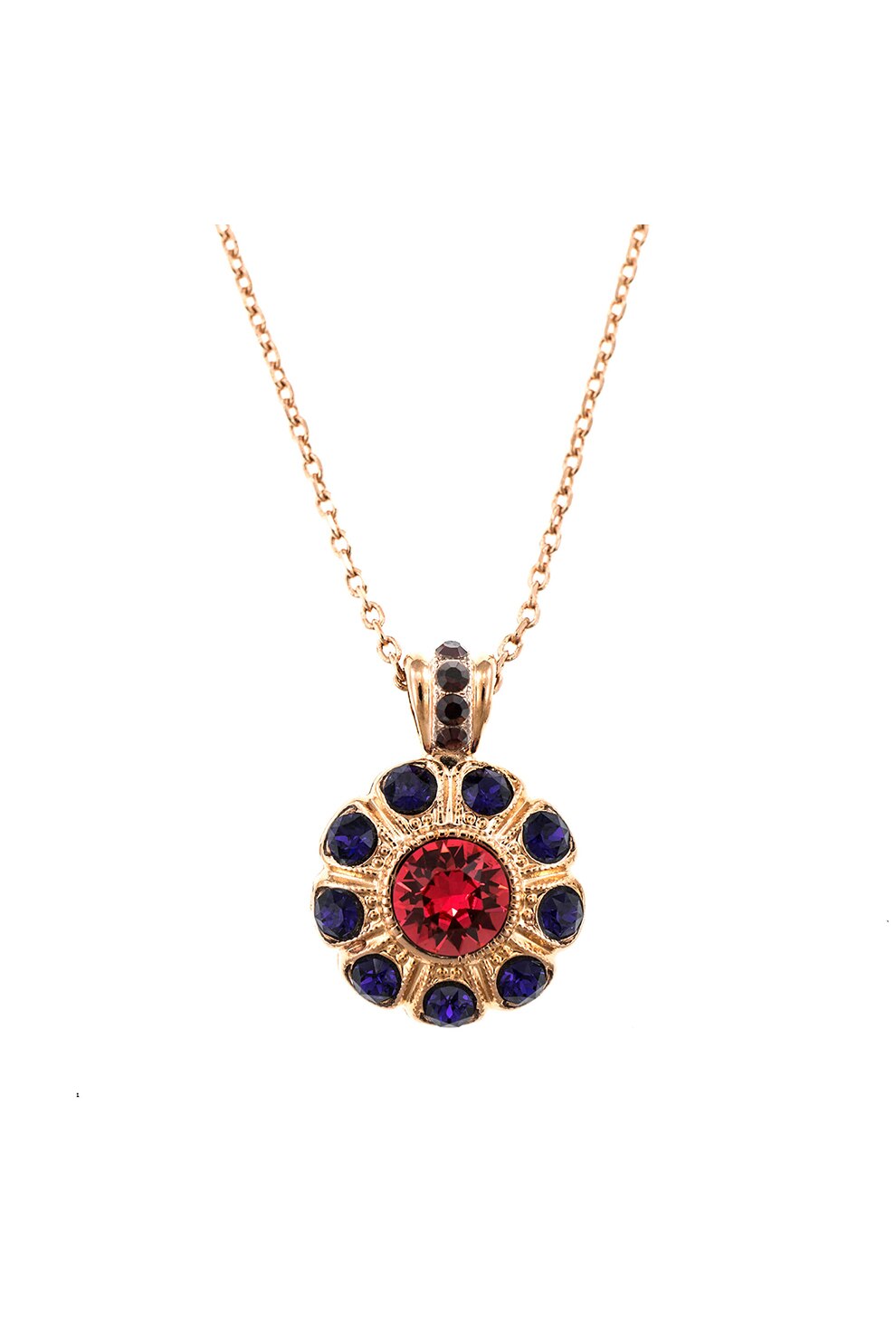 Roxannes - Mariana Jewellery, Colier din lant cu placaj de aur rose de 24K si pandantiv Swarovsky, Auriu rose/Albastru royal/Rosu