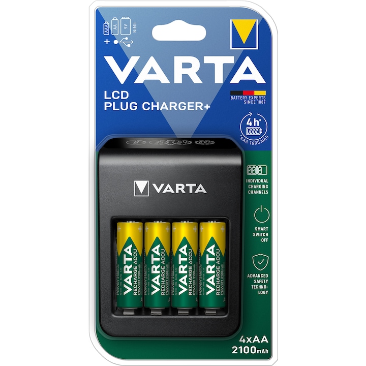 VARTA LCD Plug töltő + 4 db AA 2100 mAh akkumulátor
