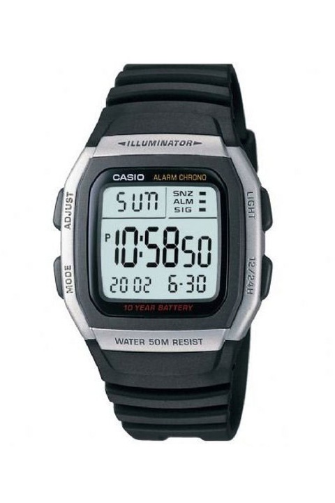 Casio, Унисекс цифров часовник с гумена каишка, Черен / Сребрист