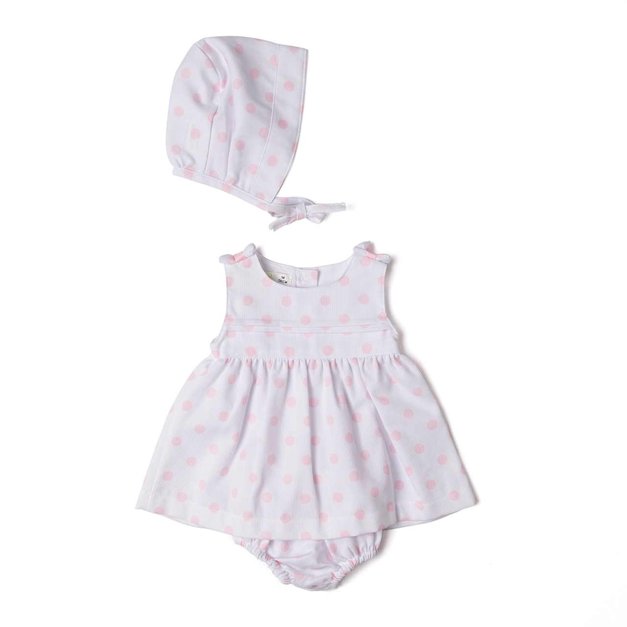 Set Babybol fetita, rochie cu chilot si boneta, buline roz