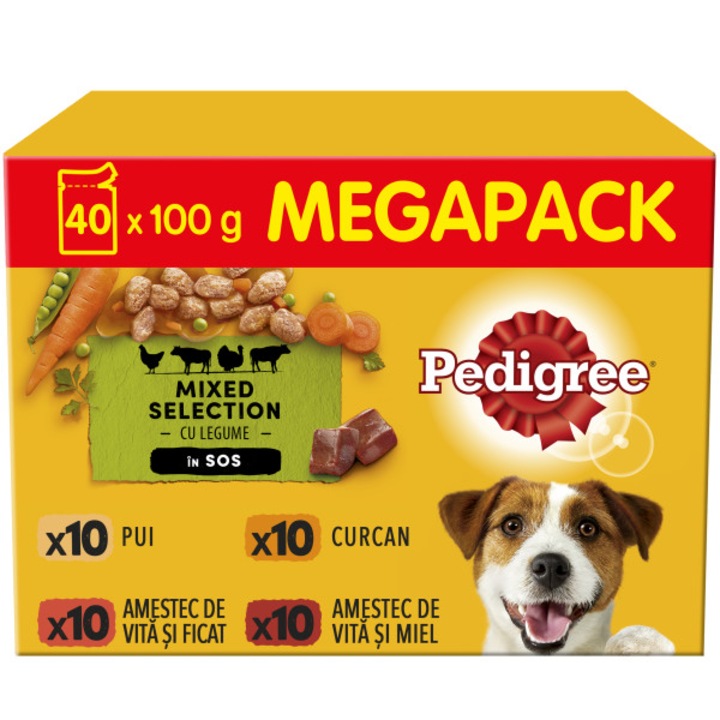 Hrana umeda pentru caini Pedigree Adult, Mix selectii carne cu legume, in jeleu, Megapack plicuri, 40 x 100g