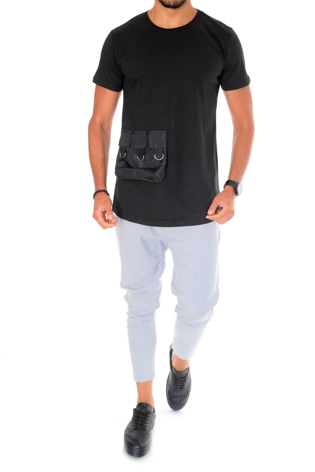 Tricou fashion, B1949, slim fit, barbati, Negru