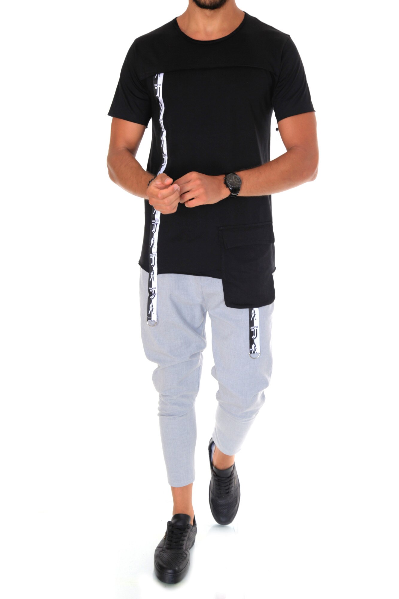 Tricou fashion, B1951, slim fit, pentru barbati, negru, Negru