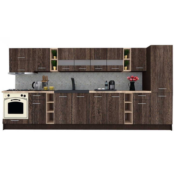 Set Bucatarie Marina New 390 A, Wenge / Decor 7648, 390 x 195,5 x 60 cm
