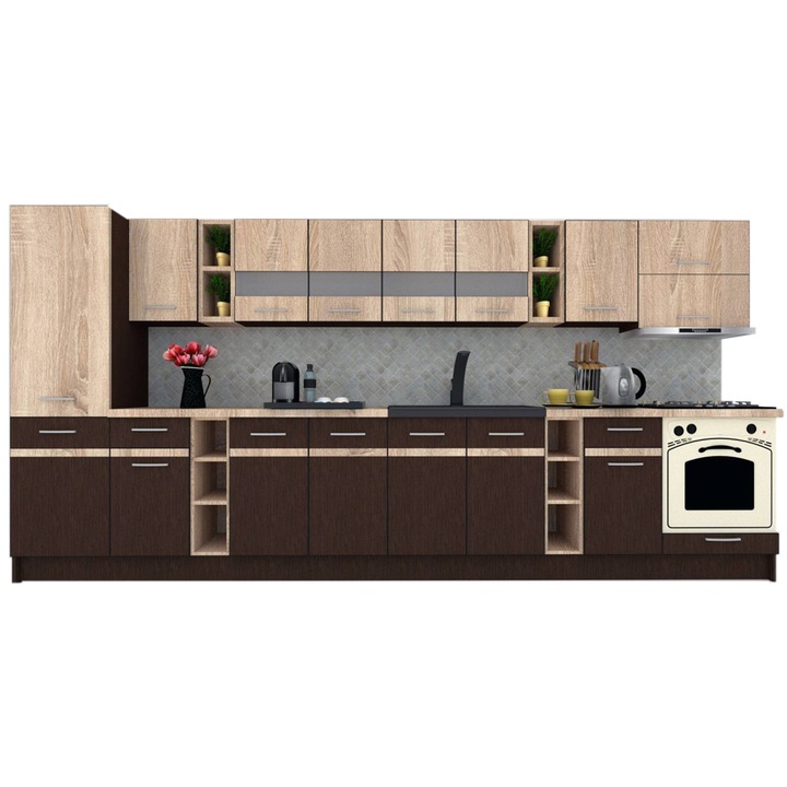 Set Bucatarie Marina New 390 B, Wenge / Stejar Sonoma, 390 x 195,5 x 60 cm