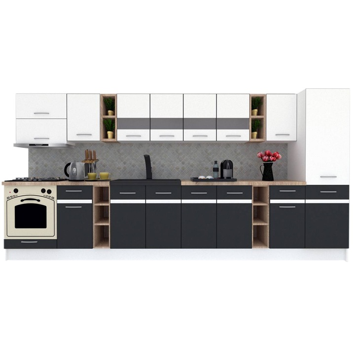 Set Bucatarie Marina New 390 A, Alb / Gri, 390 x 195,5 x 60 cm