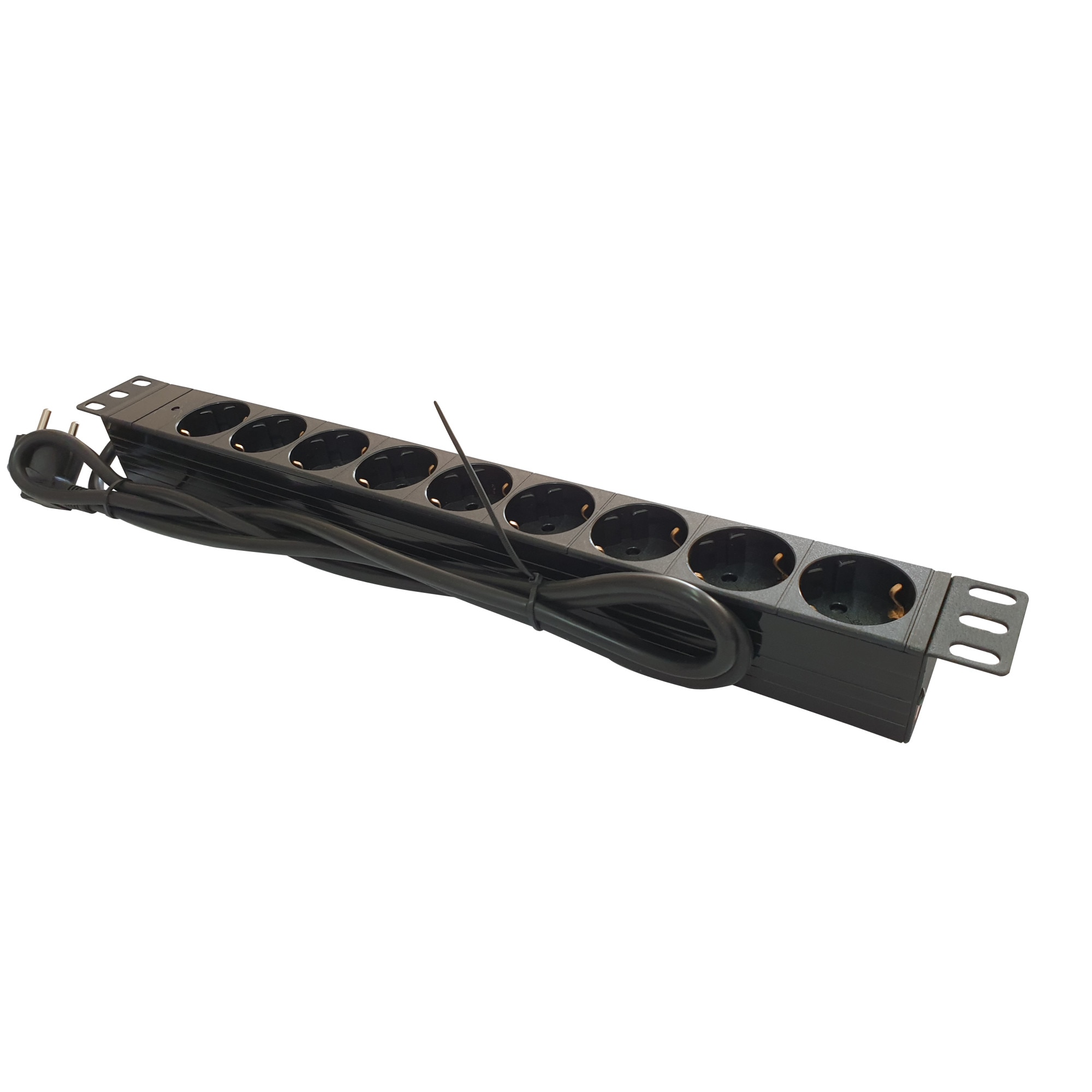 Bara alimentare profesionala PDU rack 19'' din plastic LanKATT, cu 9 prize SCHUKO si alimentare prin conector Schuko