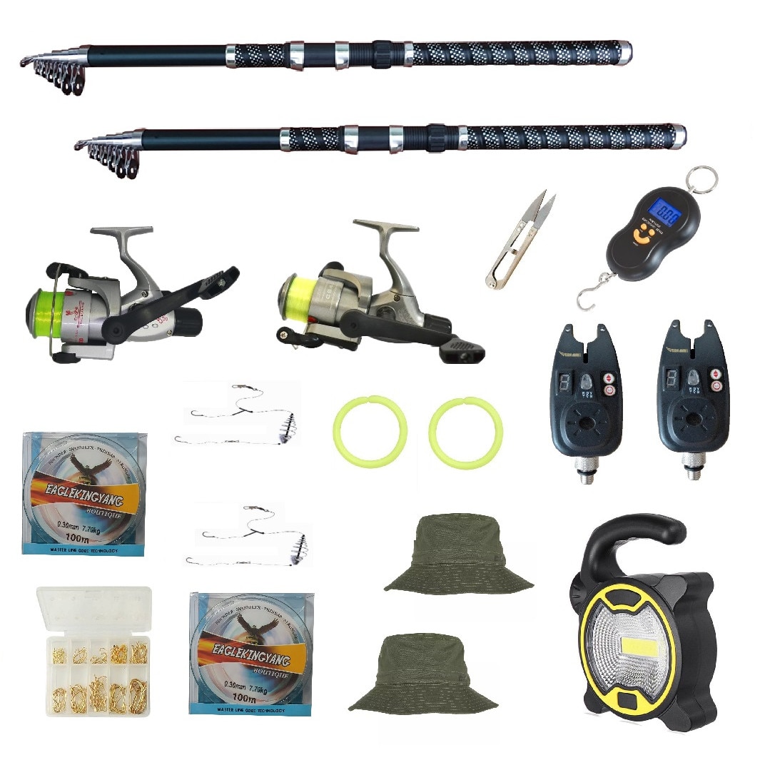 Set de pescuit cu 2 lansete Eagle King 2.7m, doua mulinete cobra, 2 senzori, proiector solar si accesorii