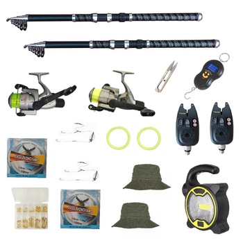 Set de pescuit cu 2 lansete Eagle King 3,6m, doua mulinete cobra, 2 senzori, proiector solar si accesorii Set de pescuit cu 2 lansete Eagle King 3,6m, doua mulinete cobra, 2 senzori, proiector solar si accesorii