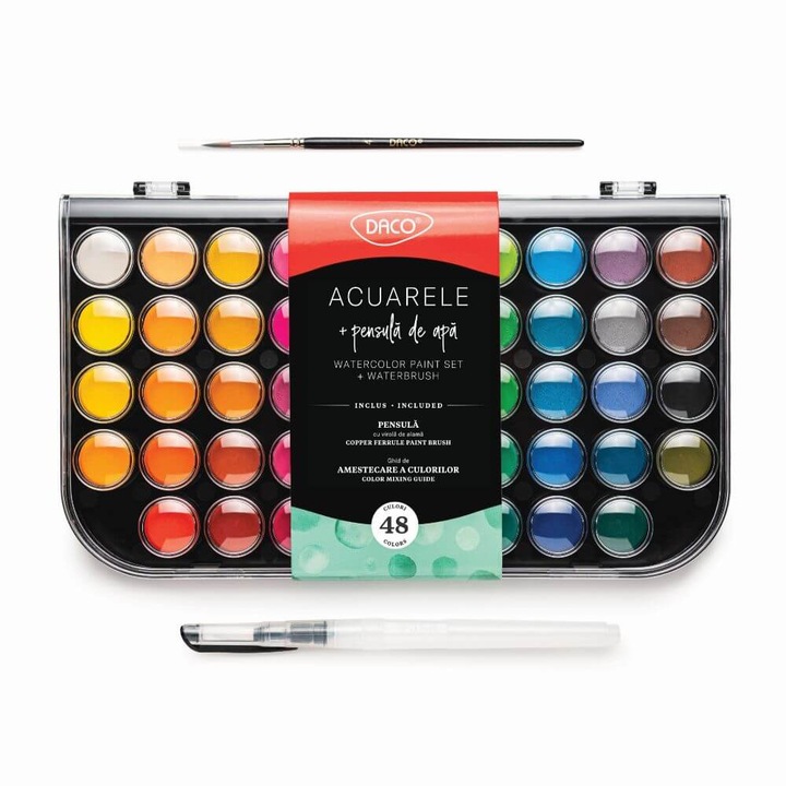 Acuarele 48 culori, Daco, pentru copii, adulti sau artisti, pensula cu rezervor, pensula normala, lavabile, Non-toxice