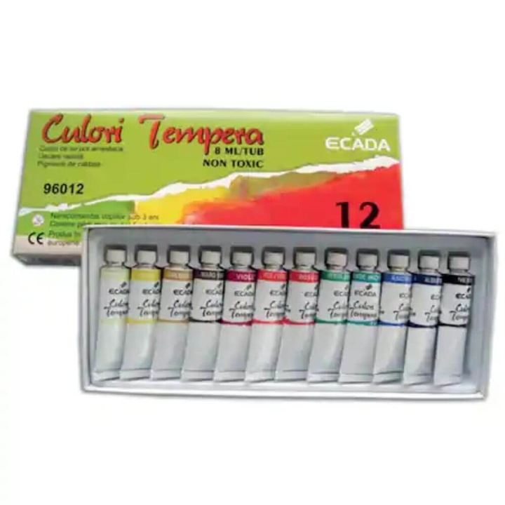 Темперна боя ECADA, 12 цвята/комплект, 8 ml/туба, многоцветна
