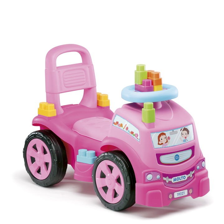 Детски камион за бутане Molto, С включени 10 кубчета, 20 кг, 12 месеца +, Розов