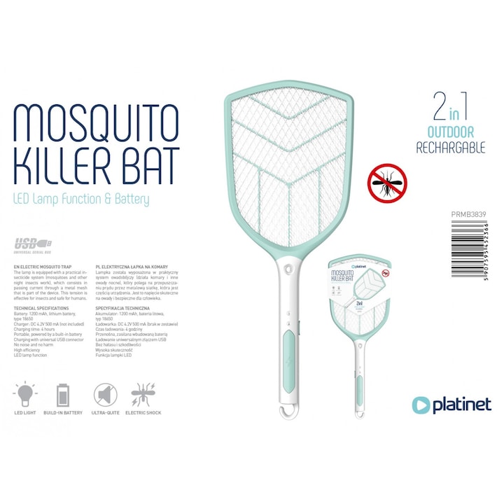 Paleta electrica anti-insecte, Platinet 45236, cu baterie tip 18650 de 1200 mAh, incarcare USB si functie iluminare LED