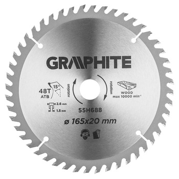 Lama pentru fierastrau circular, 165x20mm, 48 de dinti, lemn, Graphite Lama pentru fierastrau circular, 165x20mm, 48 de dinti, lemn, Graphite