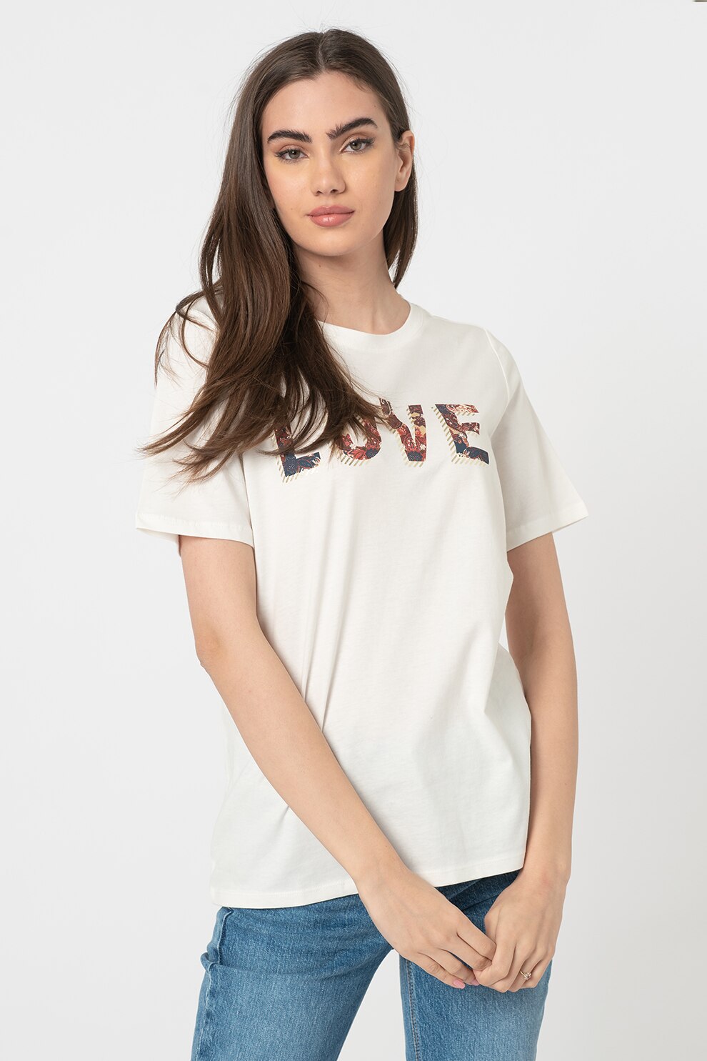 s.Oliver, Tricou cu decolteu la baza gatului si imprimeu text, Alb, S