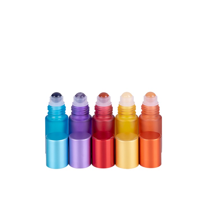 Set 5 recipiente cosmetice sticlute roll-on 5 ml DROPY®, pentru uleiuri esentiale, sticla groasa, bila inox model CHAKRA si sticla model ICE