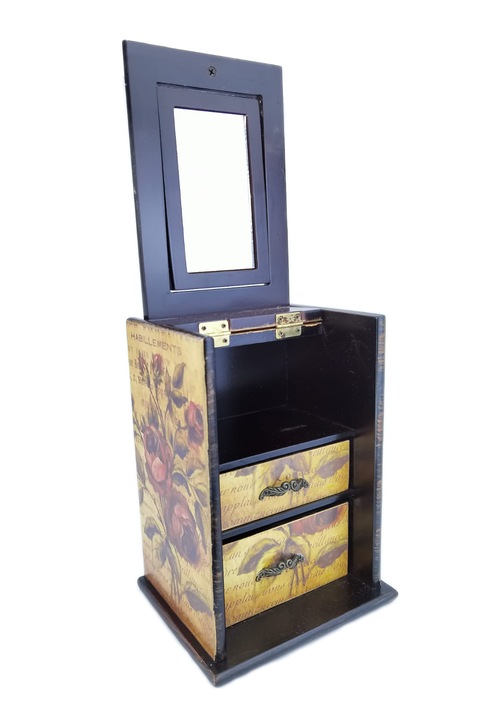 Minőségi fa ékszerdoboz, virágmintás, ékszertartó fiókkal és tükörrel, 22 cm magas, doty