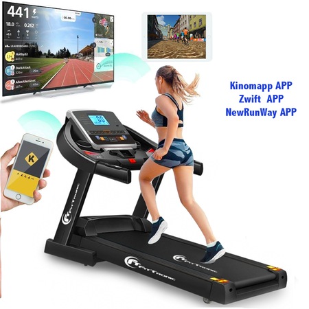 Banda de alergat electrica FitTronic D550, Motor 3.0 CP, greutate suportata 140 kg, acum 3 aplicatii Kinomap, Zwift, Newrunway, inclinatie automata 18%, viteza pana la 18km/h, pliabila, intrare USB si MP3 player, programe presetate