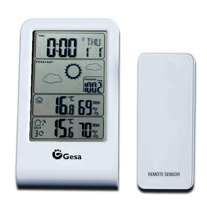 Statie Meteo GESA, 810-012, interior/exterior,senzor temperatura, umiditate si presiune atmosferica, wireless, alarma, ceas/calendar, raza actiune 60 m